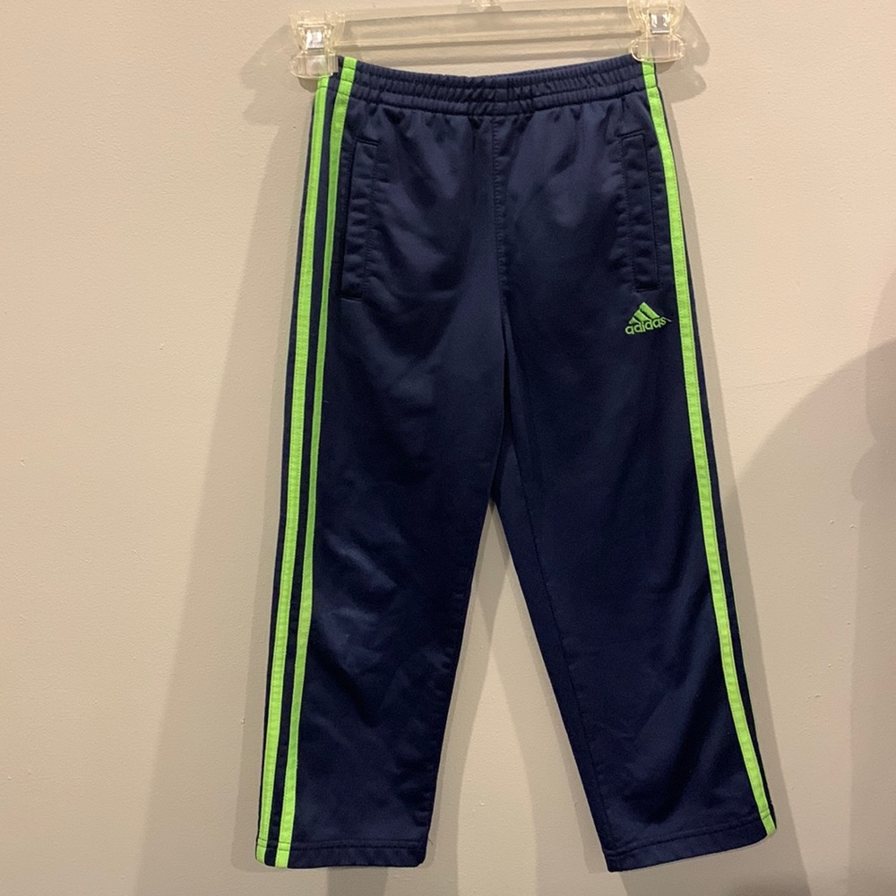 Adidas Youth Athletic Training Track Pants Dark Blue & Lime Green Striped Size 5